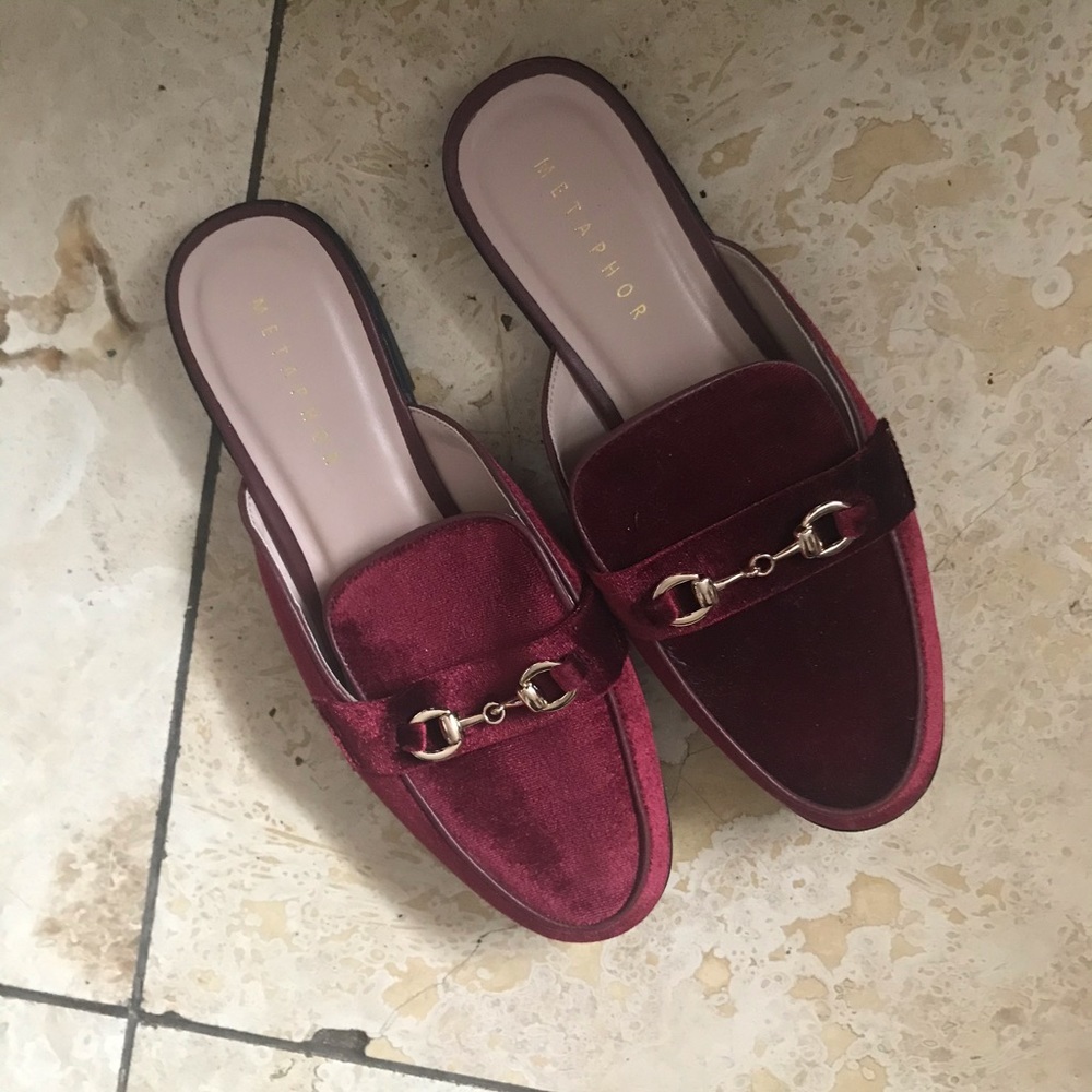 Burgundy velvet mule slides